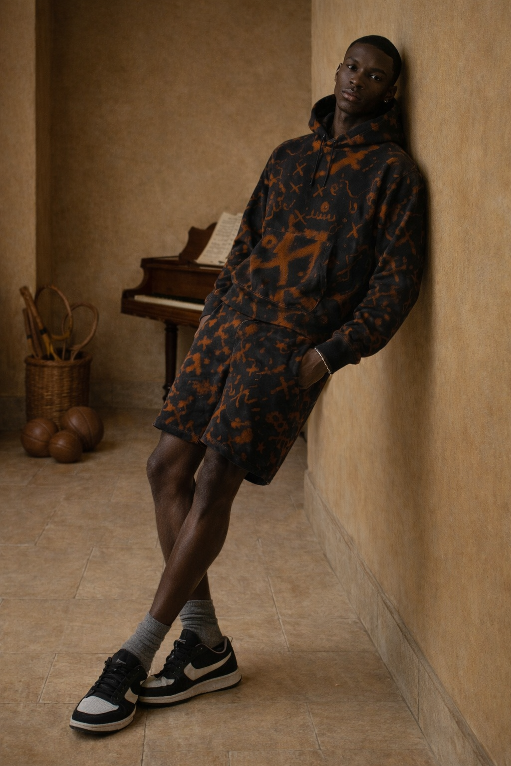 Bleached Pattern Hoodie & Shorts Set