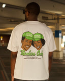 Back of the white North Bioko Club Members Only T-shirt showing the large green illustrated graphic
