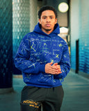 Model wearing the North Bioko Club Graffiti Hoodie in Cobalt Blue, showing the oversized fit and front artwork