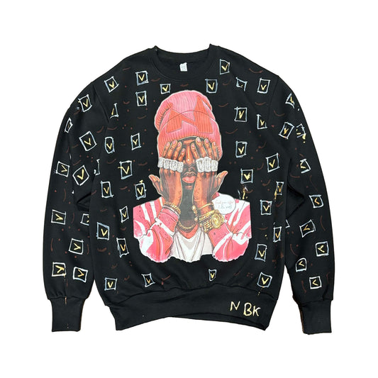 NBK Hidden Proof hand-finished black sweatshirt with illustrated front graphic.