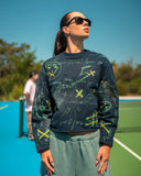 Navy 5X Graffiti Sweatshirt showing hand-painted scribbles, smiley motifs and yellow X details