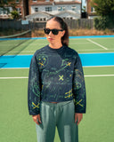 Front view of model wearing the Navy 5X Graffiti Sweatshirt with all-over hand-painted artwork