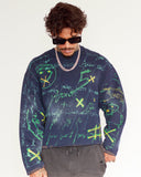 Close front view of navy 5X Graffiti Sweatshirt showing green and yellow hand-painted scribbles and 5X motifs