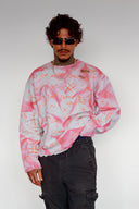 Close front view of Heather Grey Pink Acid 5X Graffiti Sweatshirt with distressed shoulder and hand-finished artwork