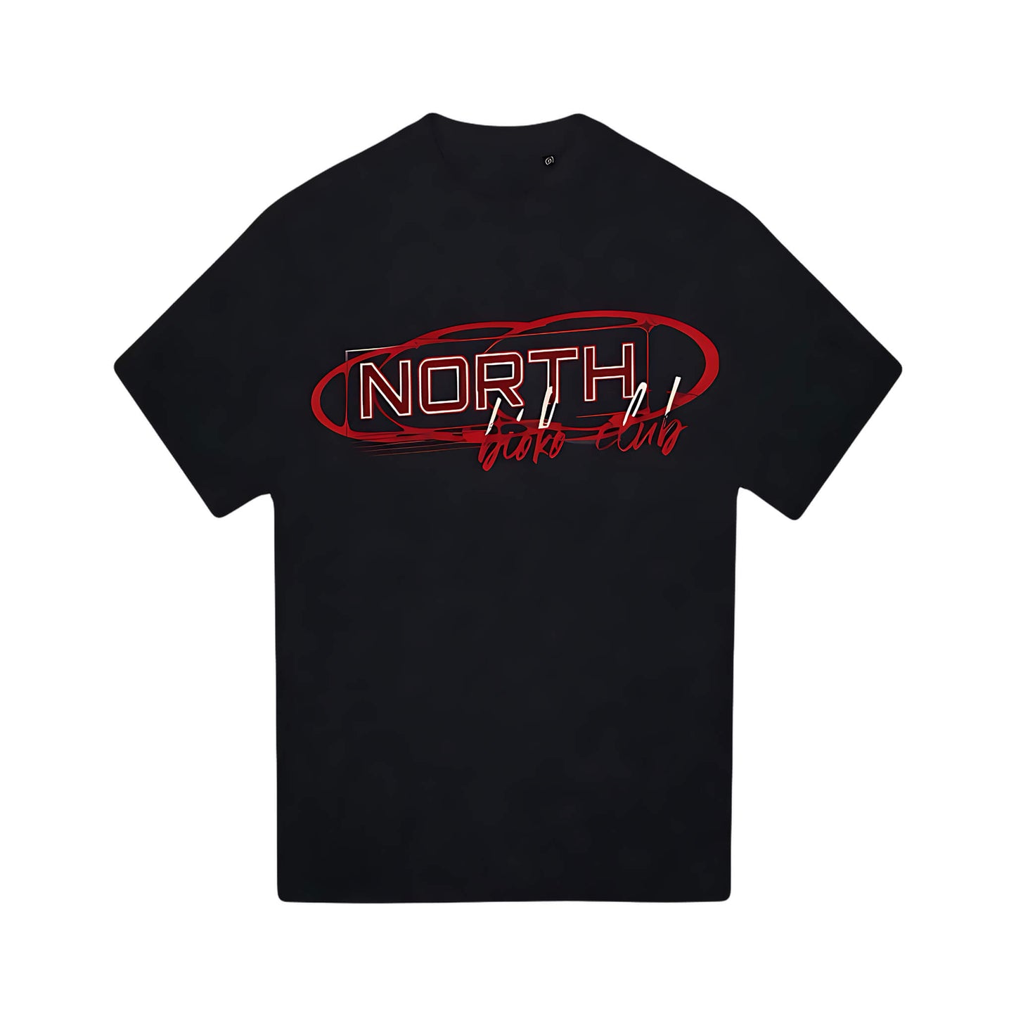Black North Bioko Club oversized t-shirt laid flat highlighting red logo and washed finish