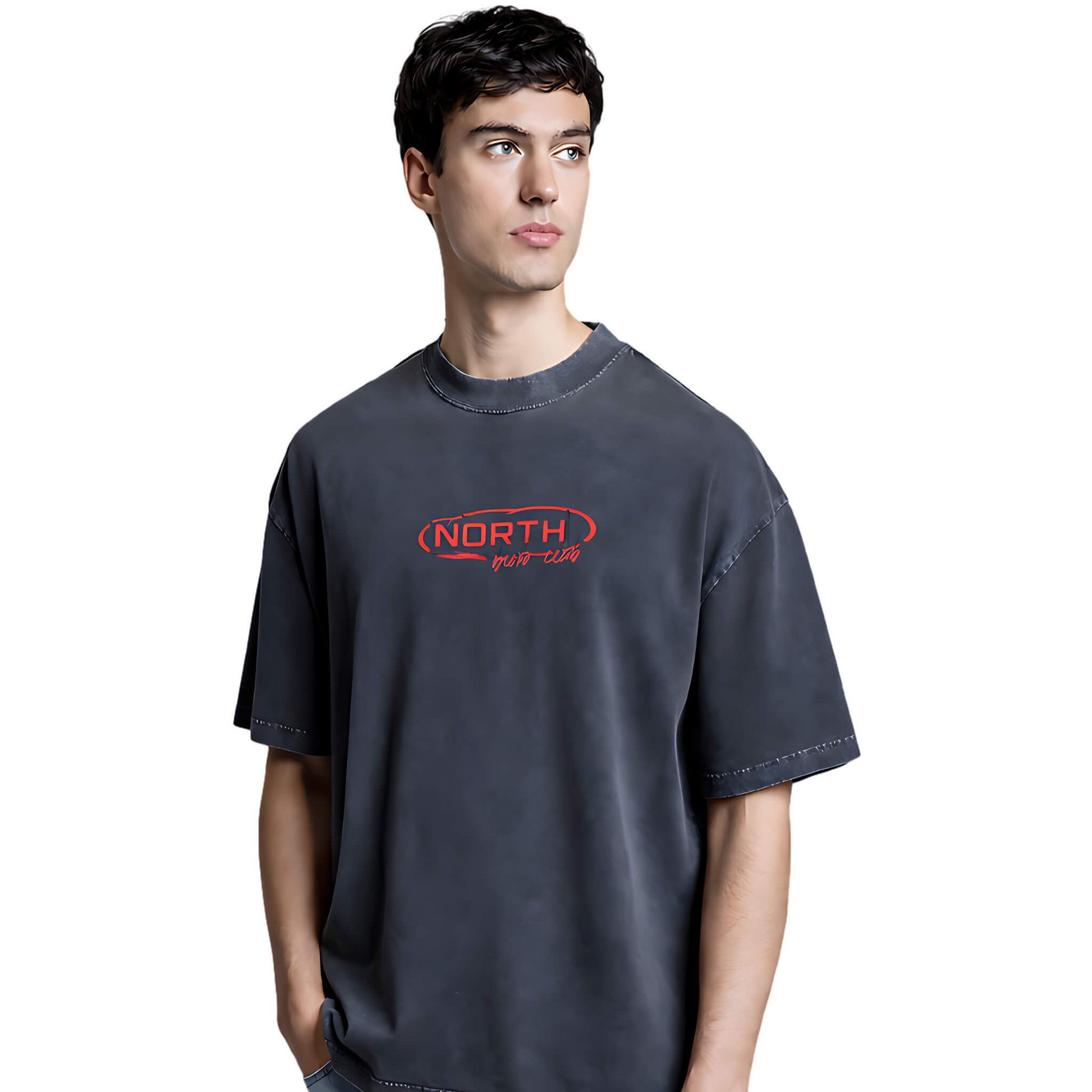 North Bioko Club black oversized heavyweight t-shirt worn by model, front view with red logo