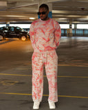 North Bioko Club Graffiti tracksuit set in Pink Acid and Heather Grey, relaxed fit full-body view