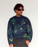 Men's North Bioko Club 5X Graffiti Sweatshirt in navy with hand-painted green and yellow artwork, front view