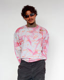 Men's 5X Graffiti Sweatshirt in Heather Grey and Pink Acid showing hand-finished orange graffiti artwork