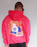 Close back view of North Bioko Club Peach Hoodie showing large baseball glove, cap and North Bioko artwork