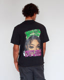 Back view of North Bioko Club Pretty Girls Love Motion T-Shirt showing oversized pink and green graphic