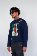 Side view of North Bioko Club THE MUSE sweatshirt in navy showing relaxed fit and distressed shoulder detailing
