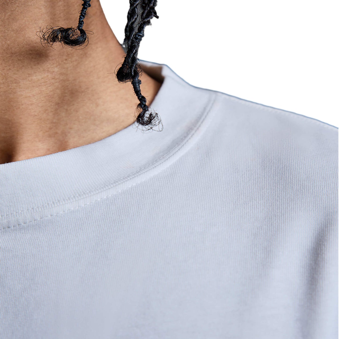 Close-up of white North Bioko Club heavyweight t-shirt showing ribbed crew neckline