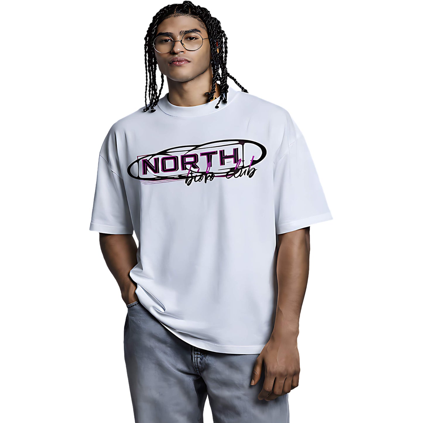 White oversized North Bioko Club t-shirt with red logo styled on model, relaxed fit