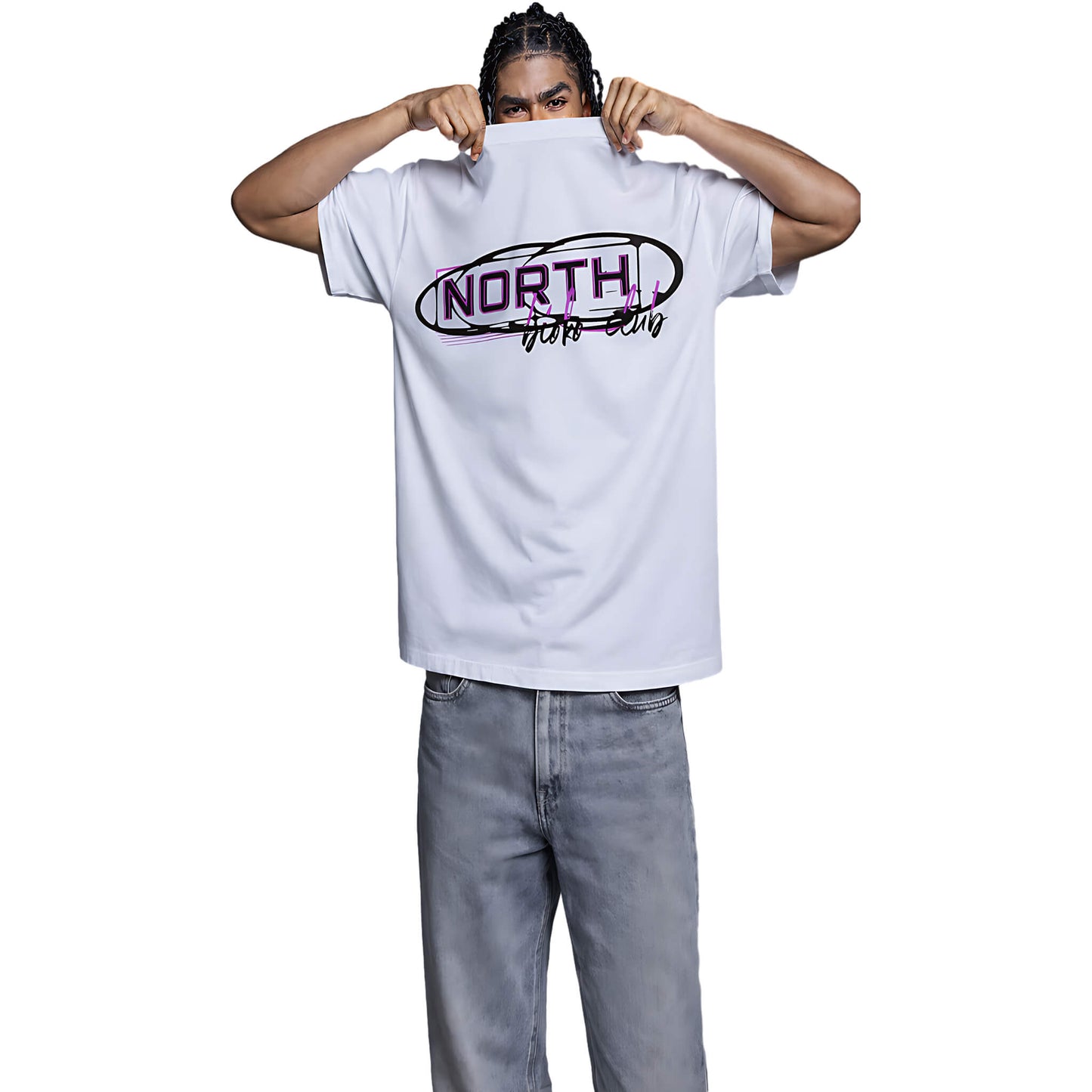 White oversized North Bioko Club t-shirt with red logo styled on model, relaxed fit