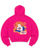 North Bioko Club Peach Hoodie in Hibiskus Pink, back view with large baseball and palm graphic