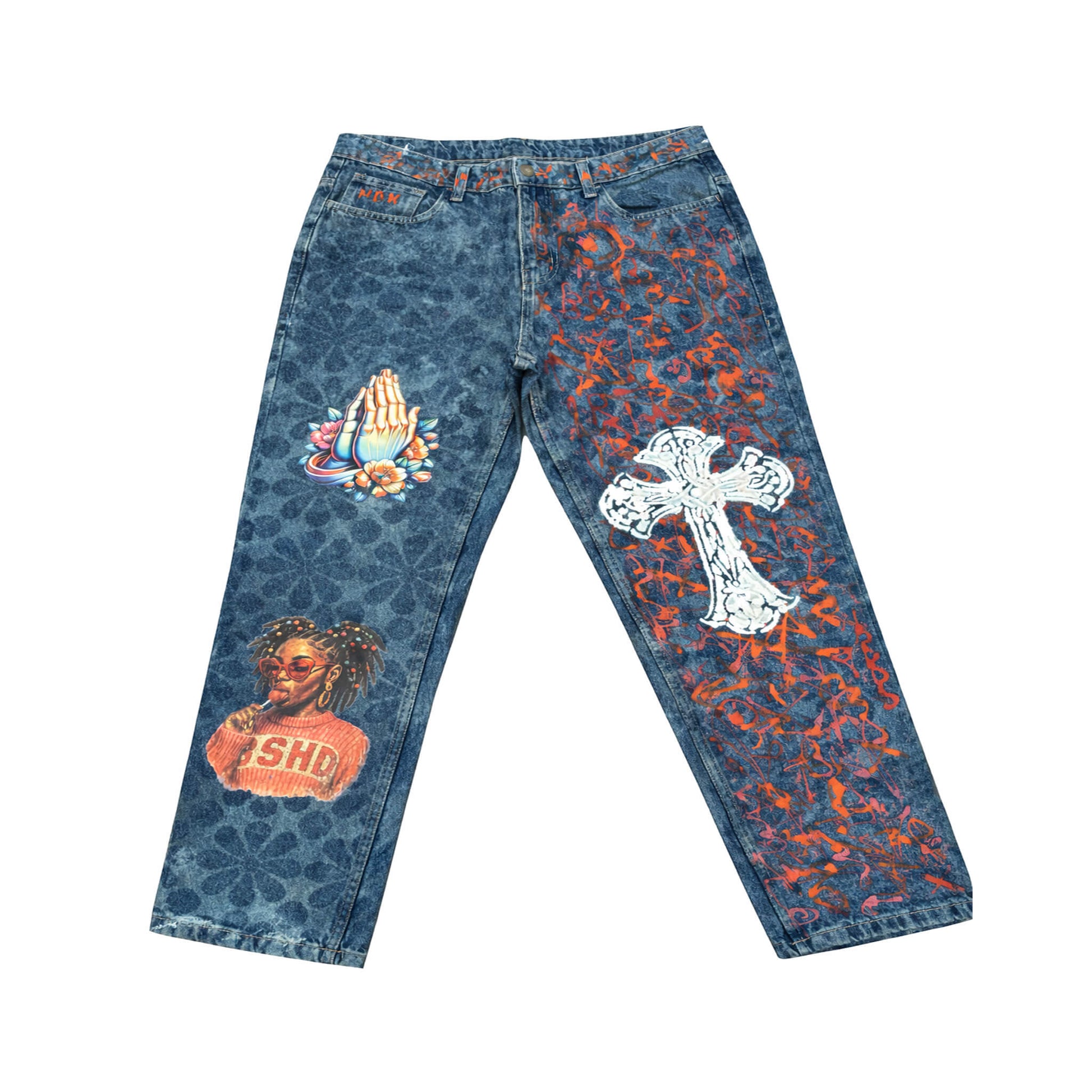 Prayer Chaos Denim Jeans by North Bioko Club in dark acid-wash blue denim with hand-applied religious, graffiti, and portrait artwork in a relaxed straight fit.