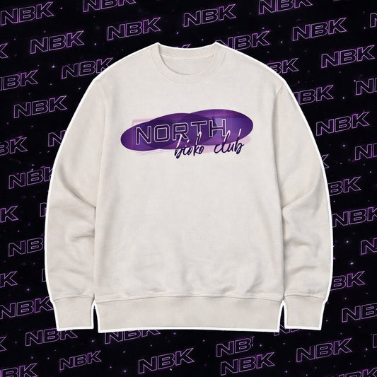 Cream Purple Trace Sweatshirt by North Bioko Club with centered purple logo graphic.