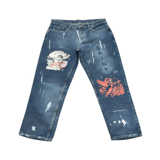 Saint hand-finished vintage blue denim jeans with bleach markings, classical artwork, and relaxed straight fit by North Bioko Club.