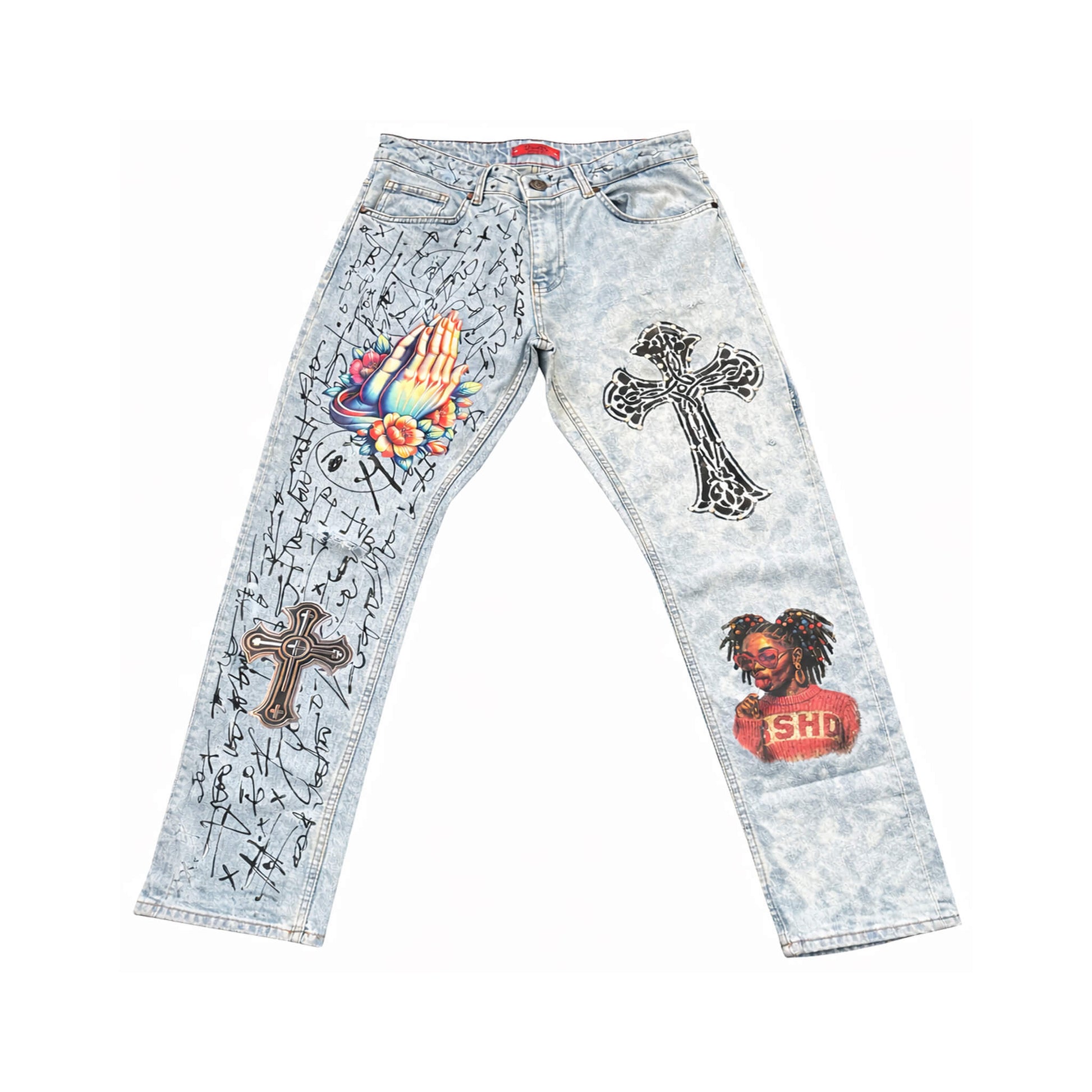 Front view of Statement Denim Jeans with hand-applied symbolic artwork on light-wash denim.